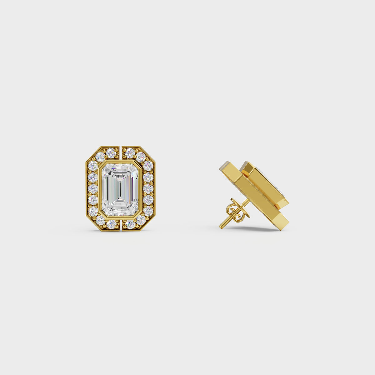 Emerald Cut Halo Stud Earrings