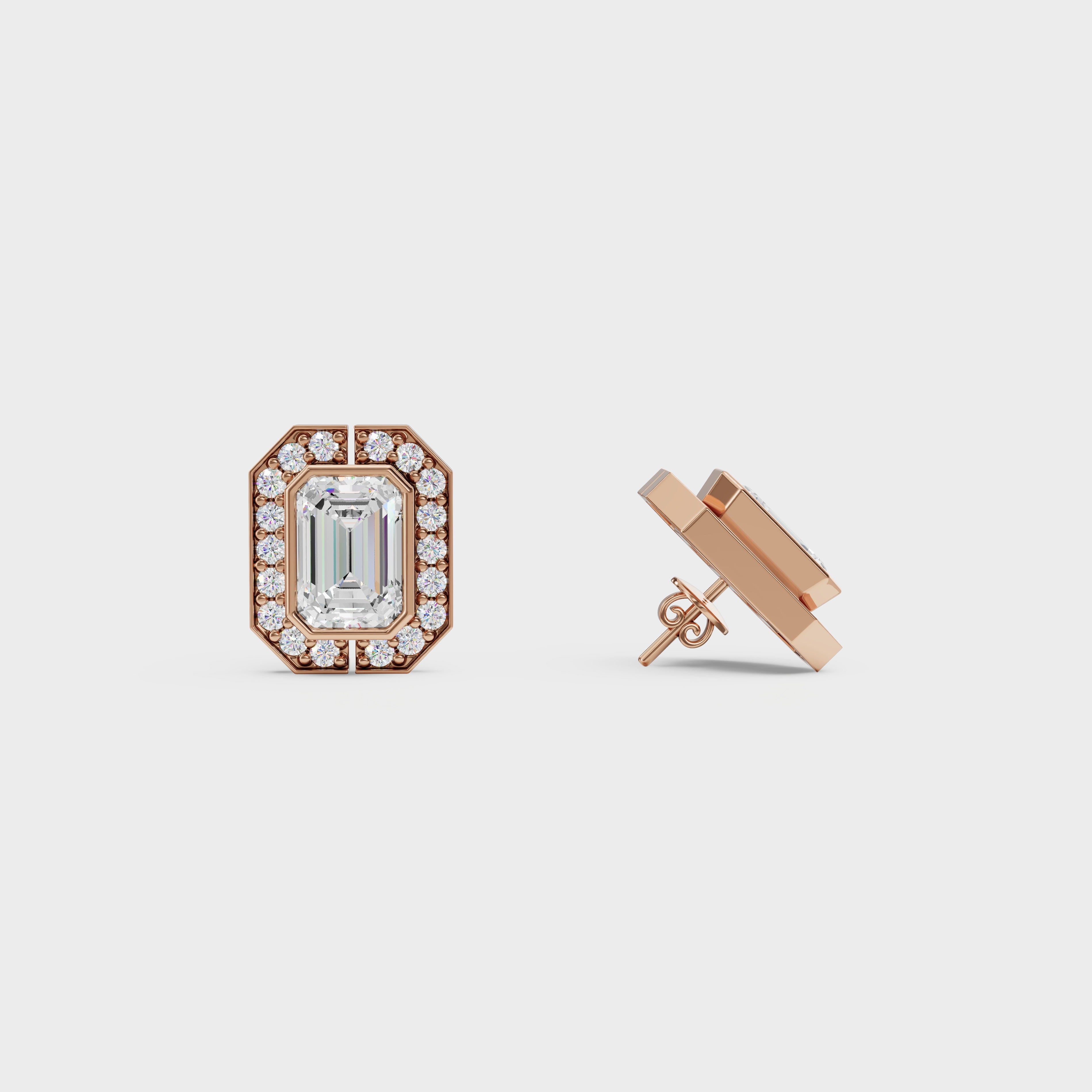 Emerald Cut Halo Stud Earrings