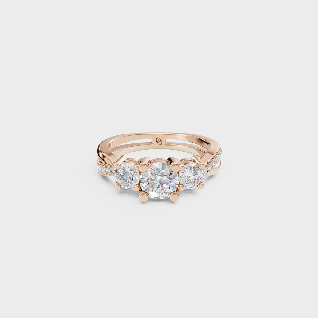 Modern Round Cut Diamond Three Stone Ring With Twisted Pave Shank