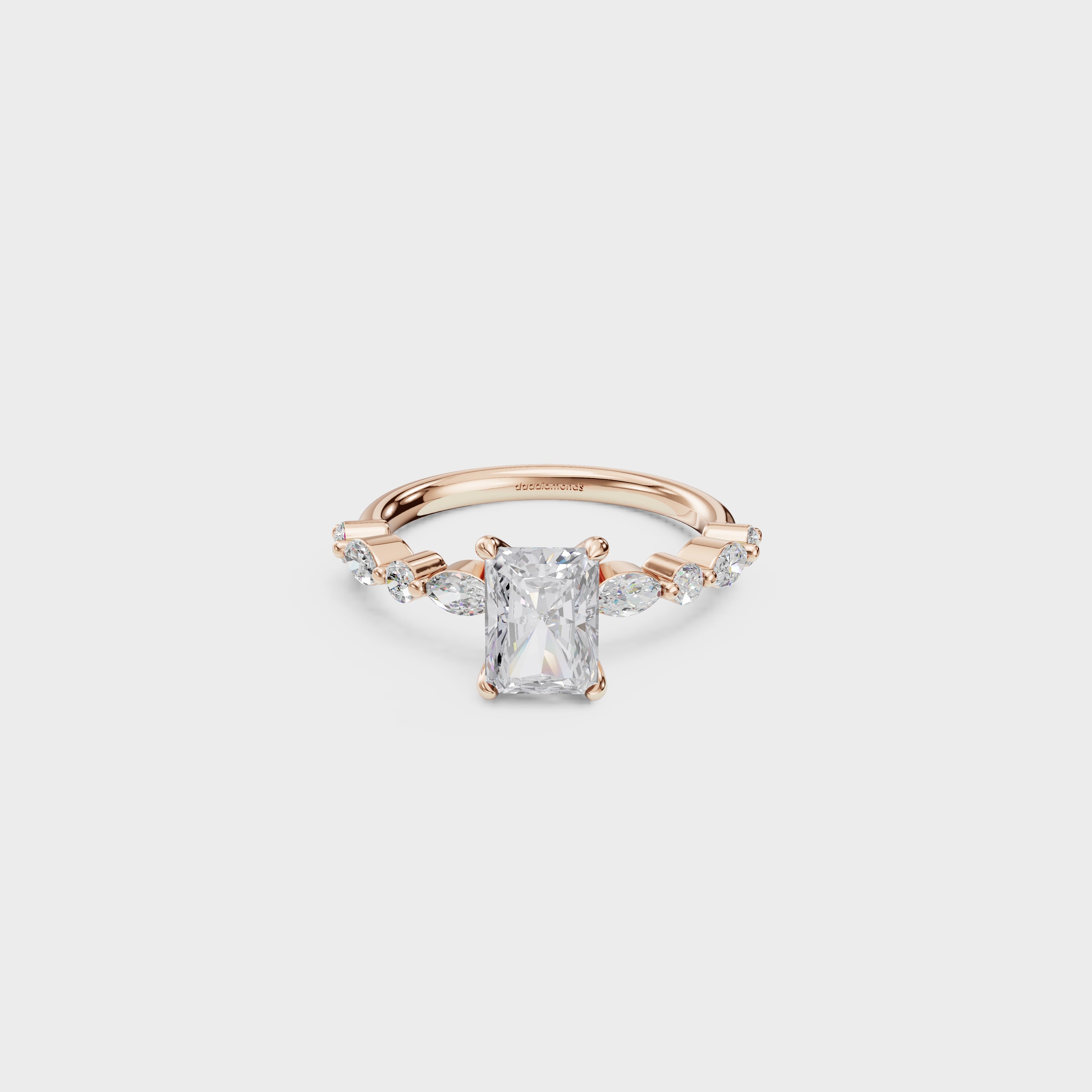 Radiant Cut Diamond Engagement Ring with Marquise & Round Side Stones