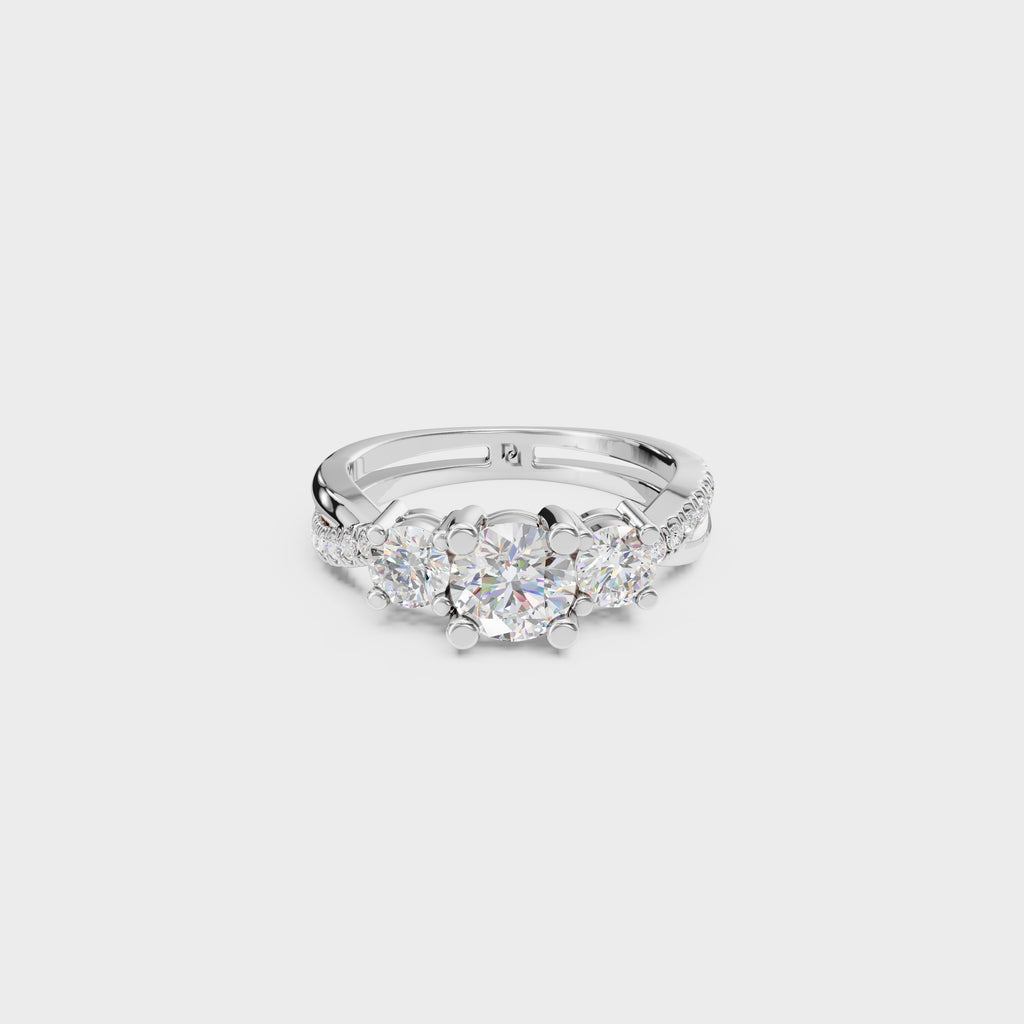 Modern Round Cut Diamond Three Stone Ring With Twisted Pave Shank