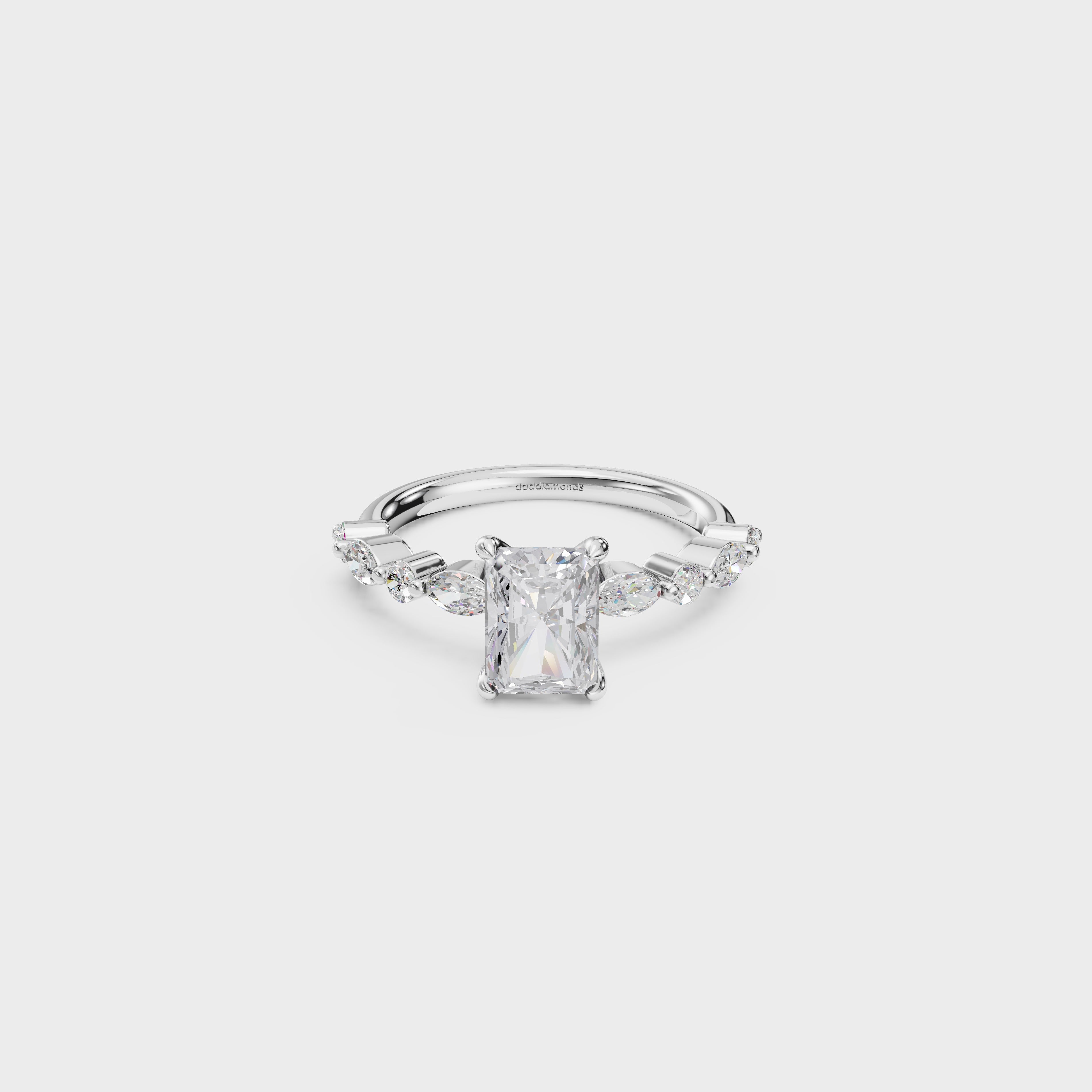 Radiant Cut Diamond Engagement Ring with Marquise & Round Side Stones