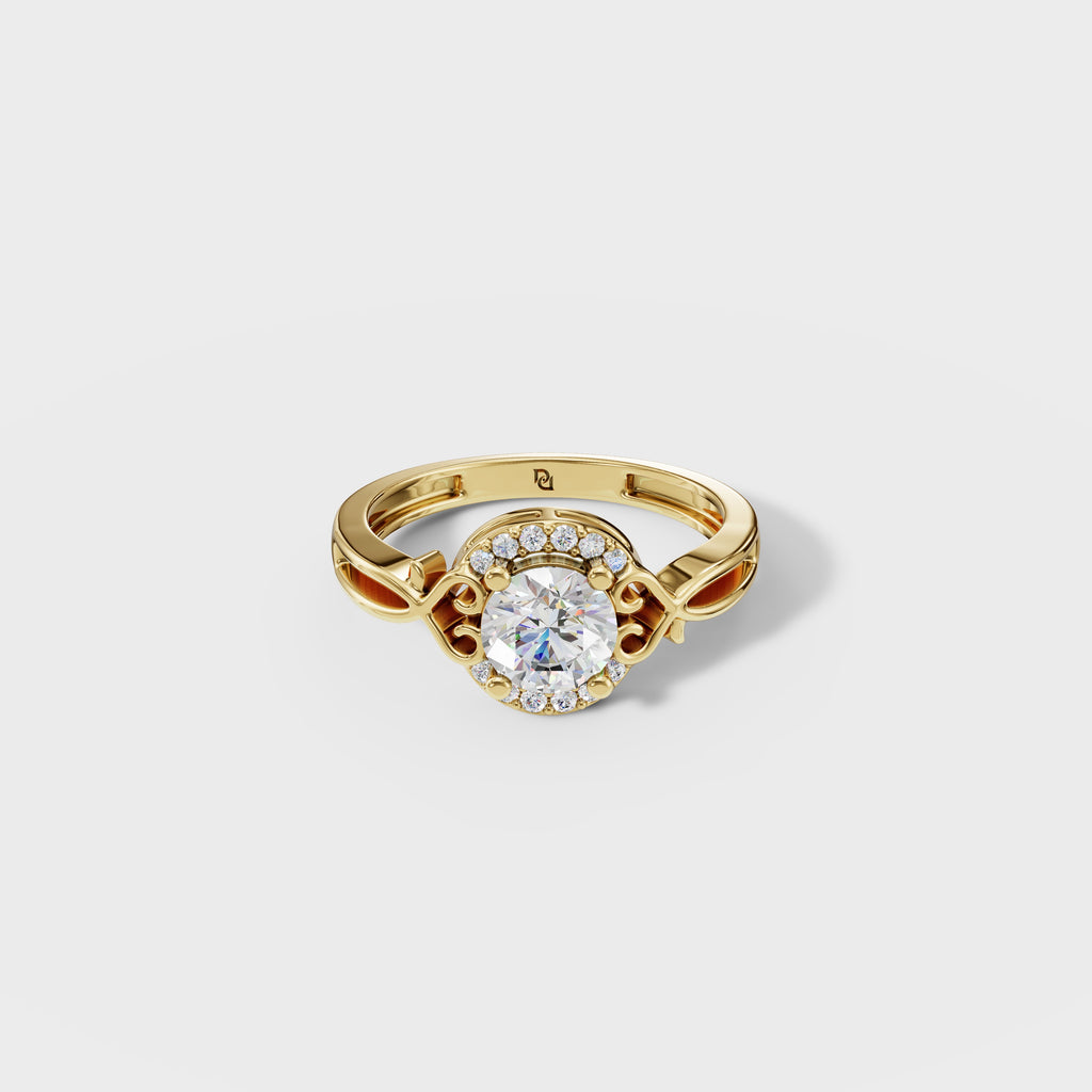 Round Cut Diamond Halo Ring With Intricate Scrollwork Band