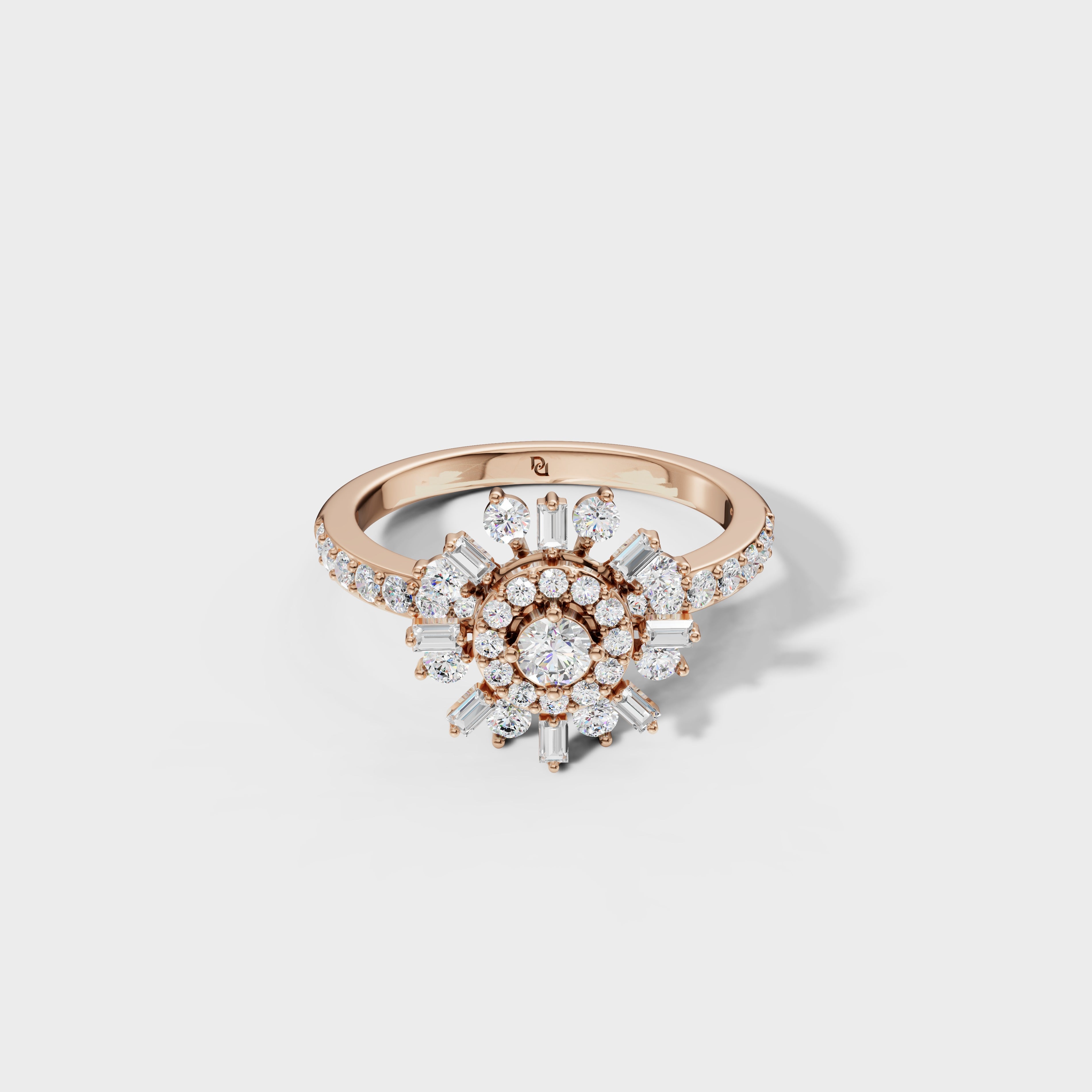 Baguette & Round Diamond Starburst Ring