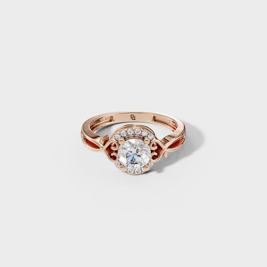 Round Cut Diamond Halo Ring With Intricate Scrollwork Band