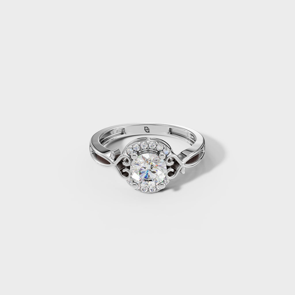 Round Cut Diamond Halo Ring With Intricate Scrollwork Band