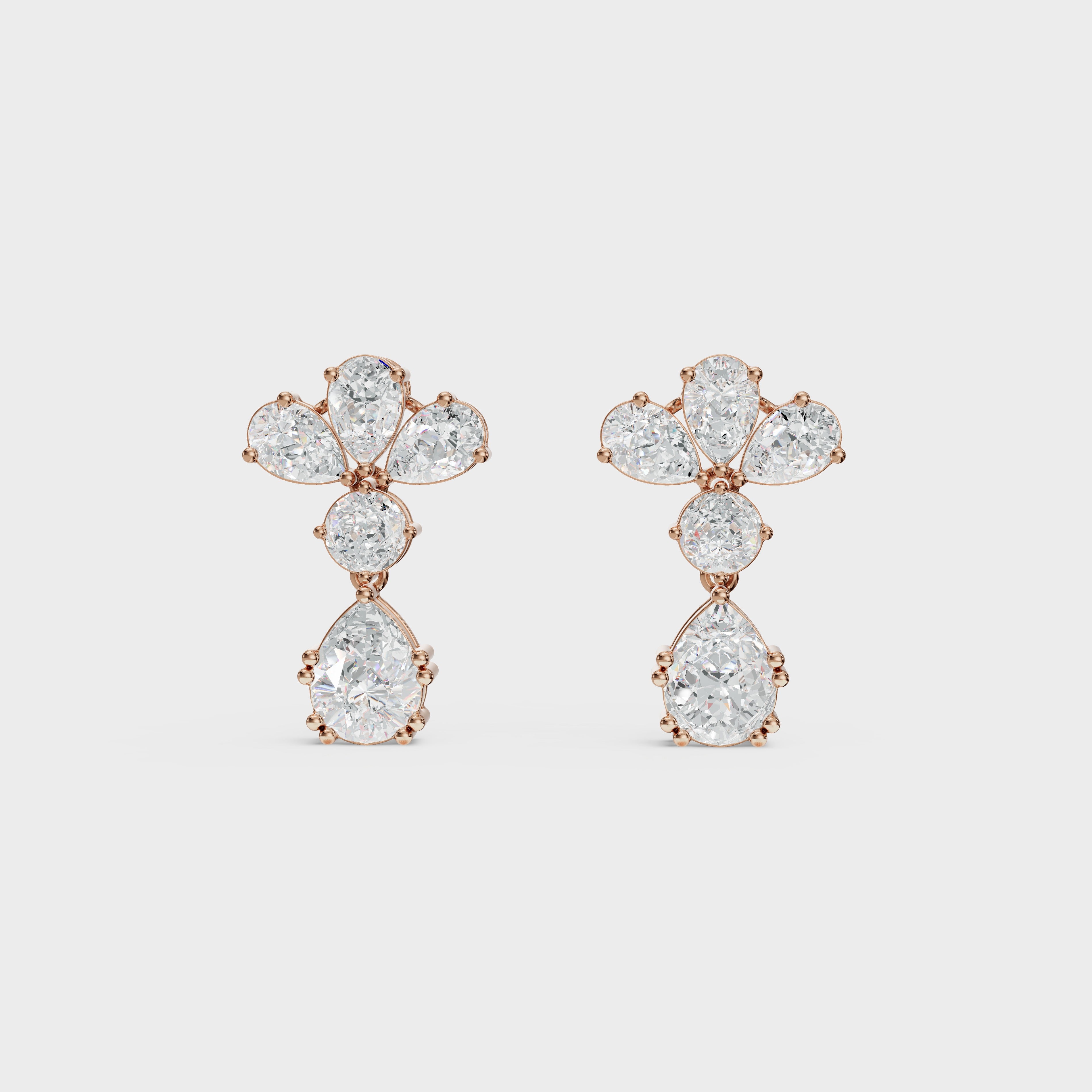 Pear & Round Diamond Drop Cluster Earrings