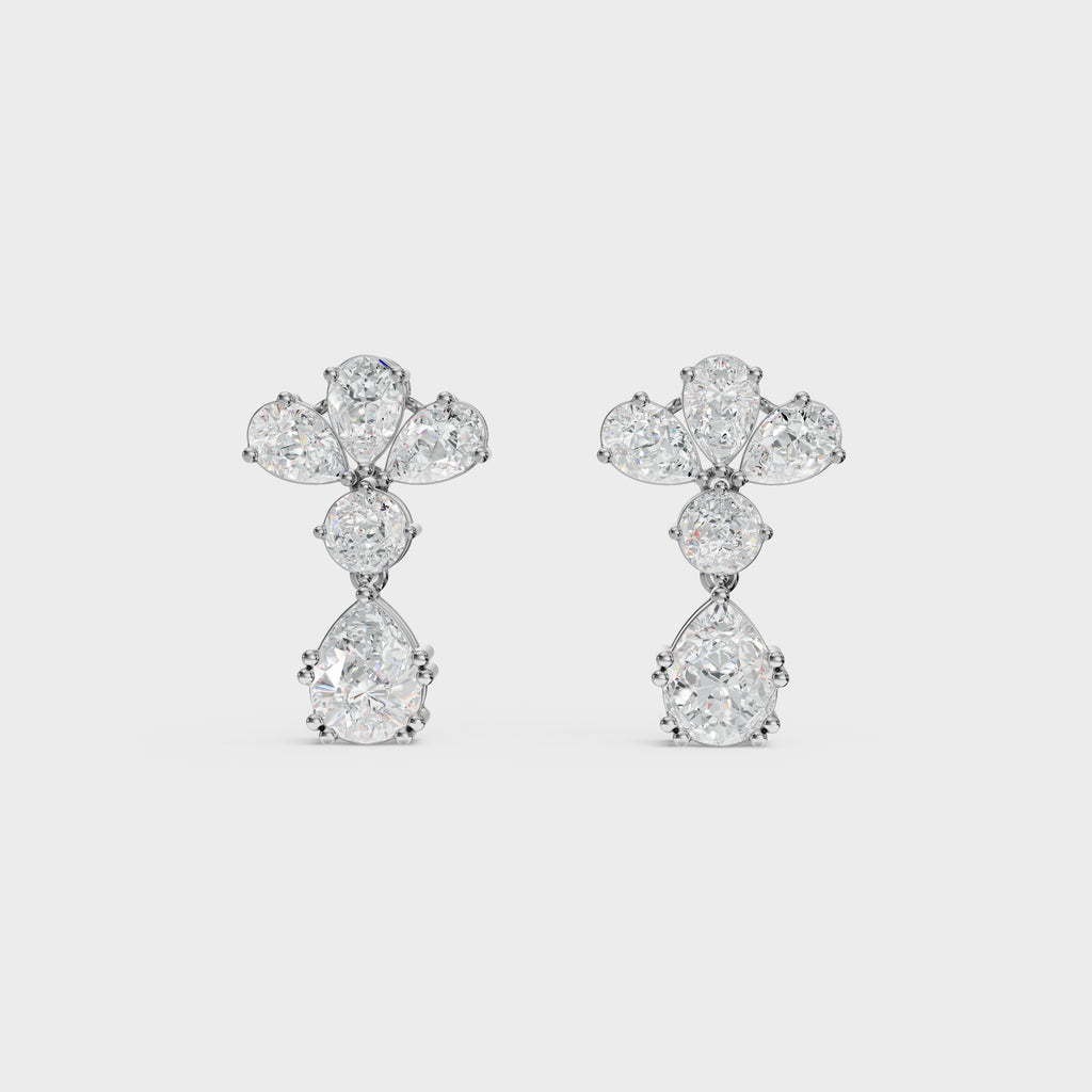 Pear & Round Diamond Drop Cluster Earrings