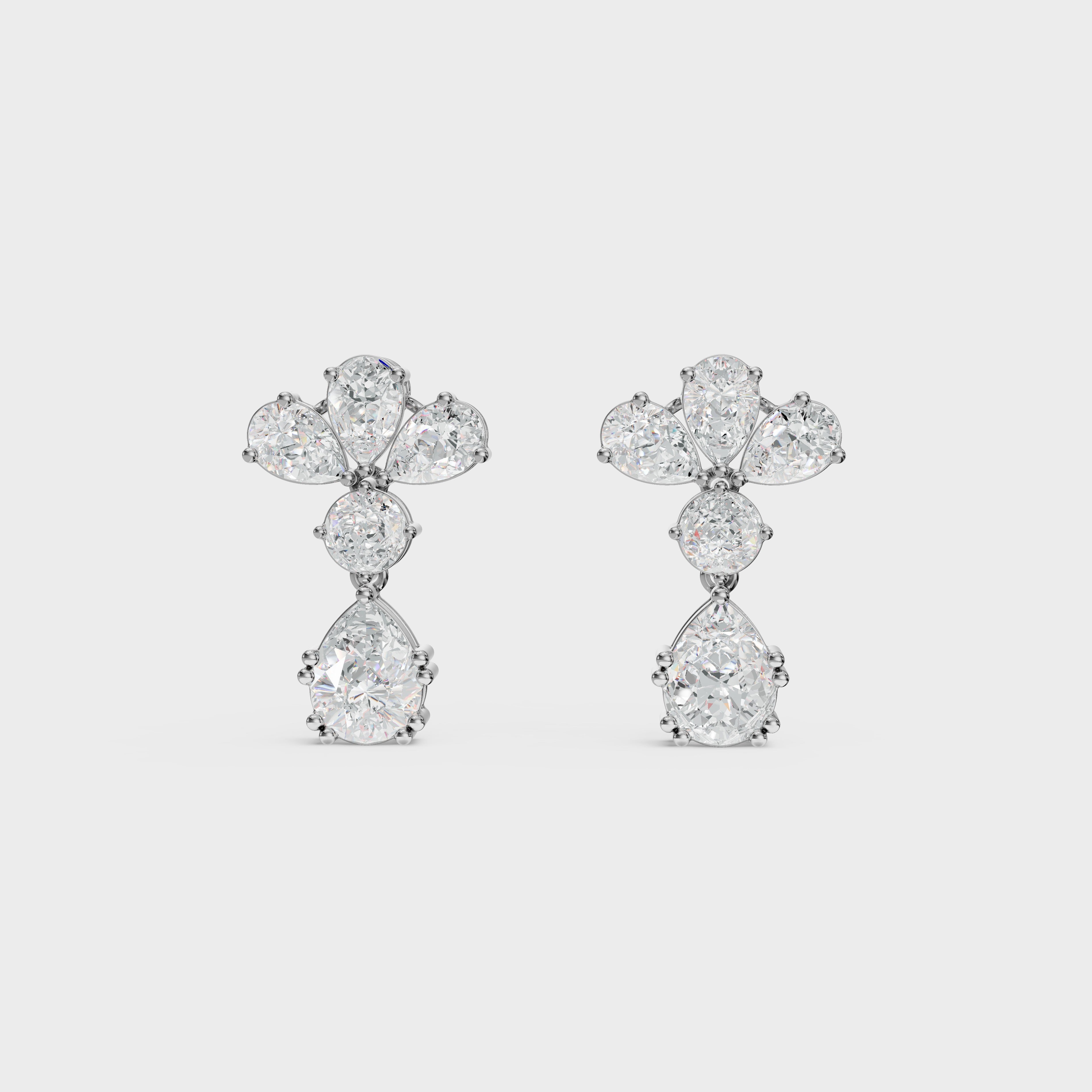 Pear & Round Diamond Drop Cluster Earrings