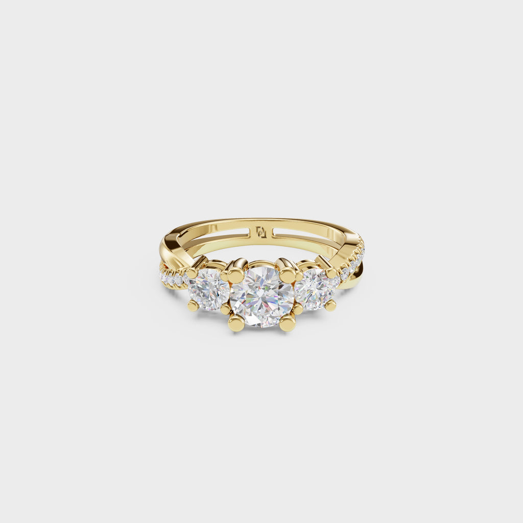 Modern Round Cut Diamond Three Stone Ring With Twisted Pave Shank