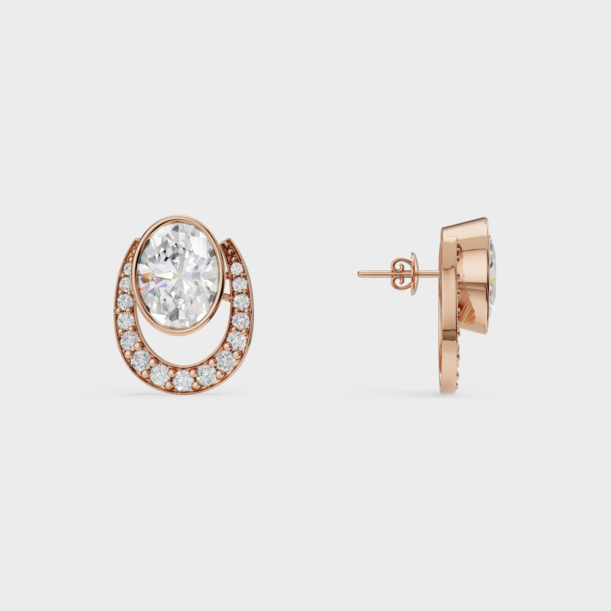 Oval & Pave Crescent Stud Earrings