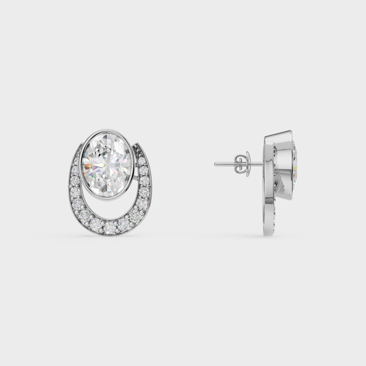 Oval & Pave Crescent Stud Earrings