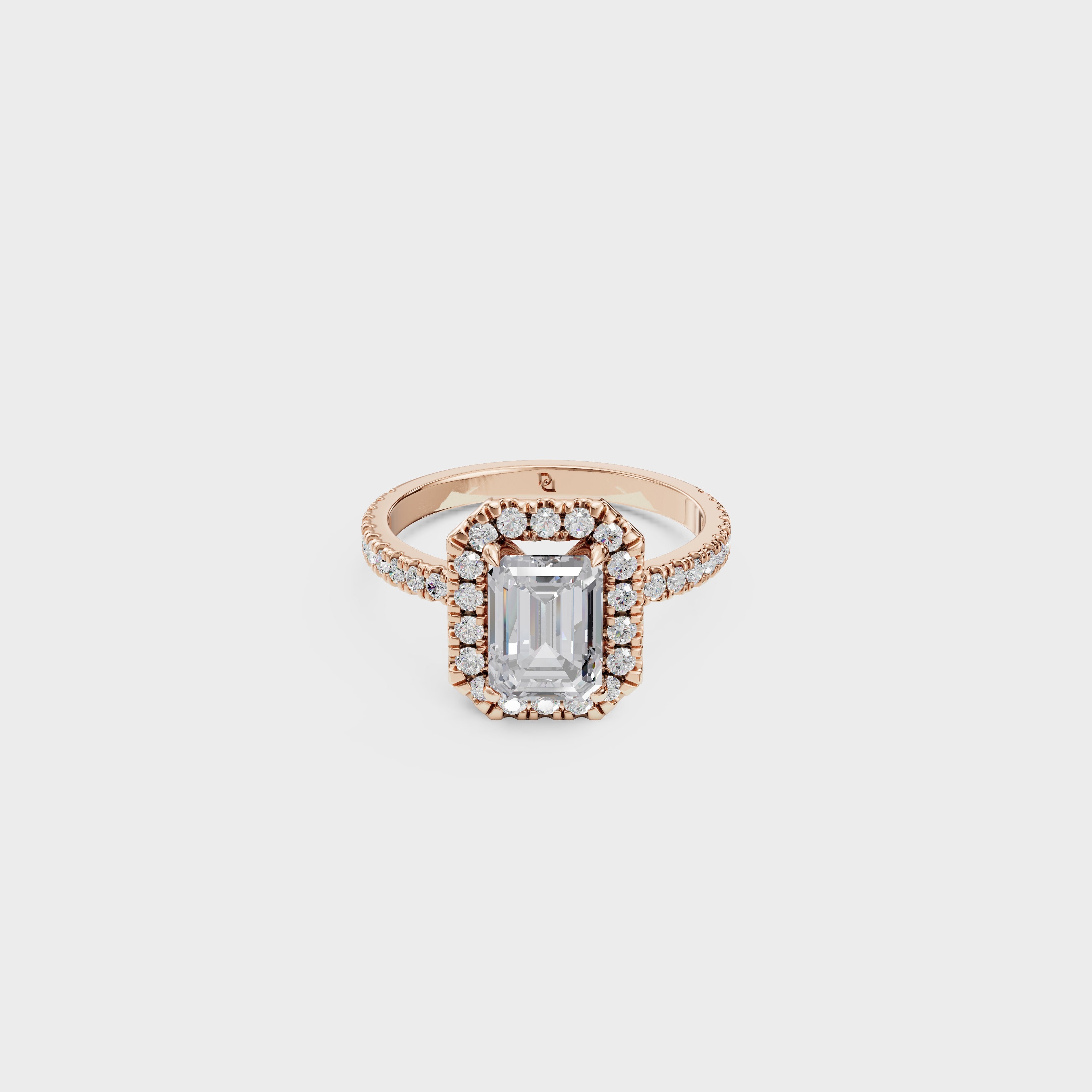 Emerald Cut Diamond Halo Engagement Ring with Pave Band