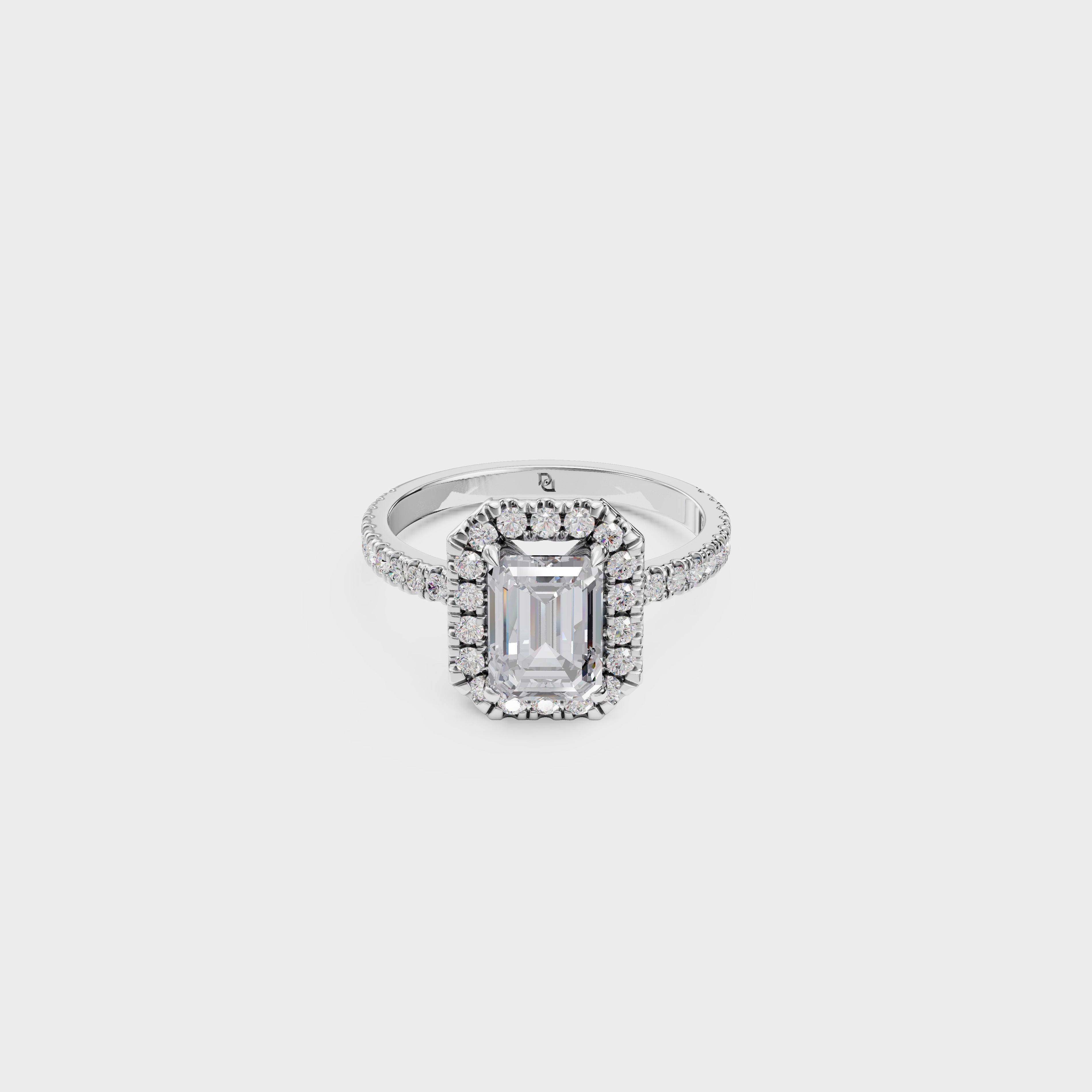 Emerald Cut Diamond Halo Engagement Ring with Pave Band
