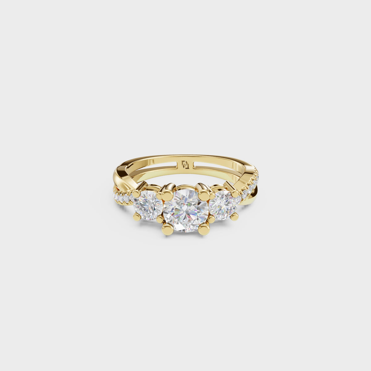 Modern Round Cut Diamond Three Stone Ring With Twisted Pave Shank