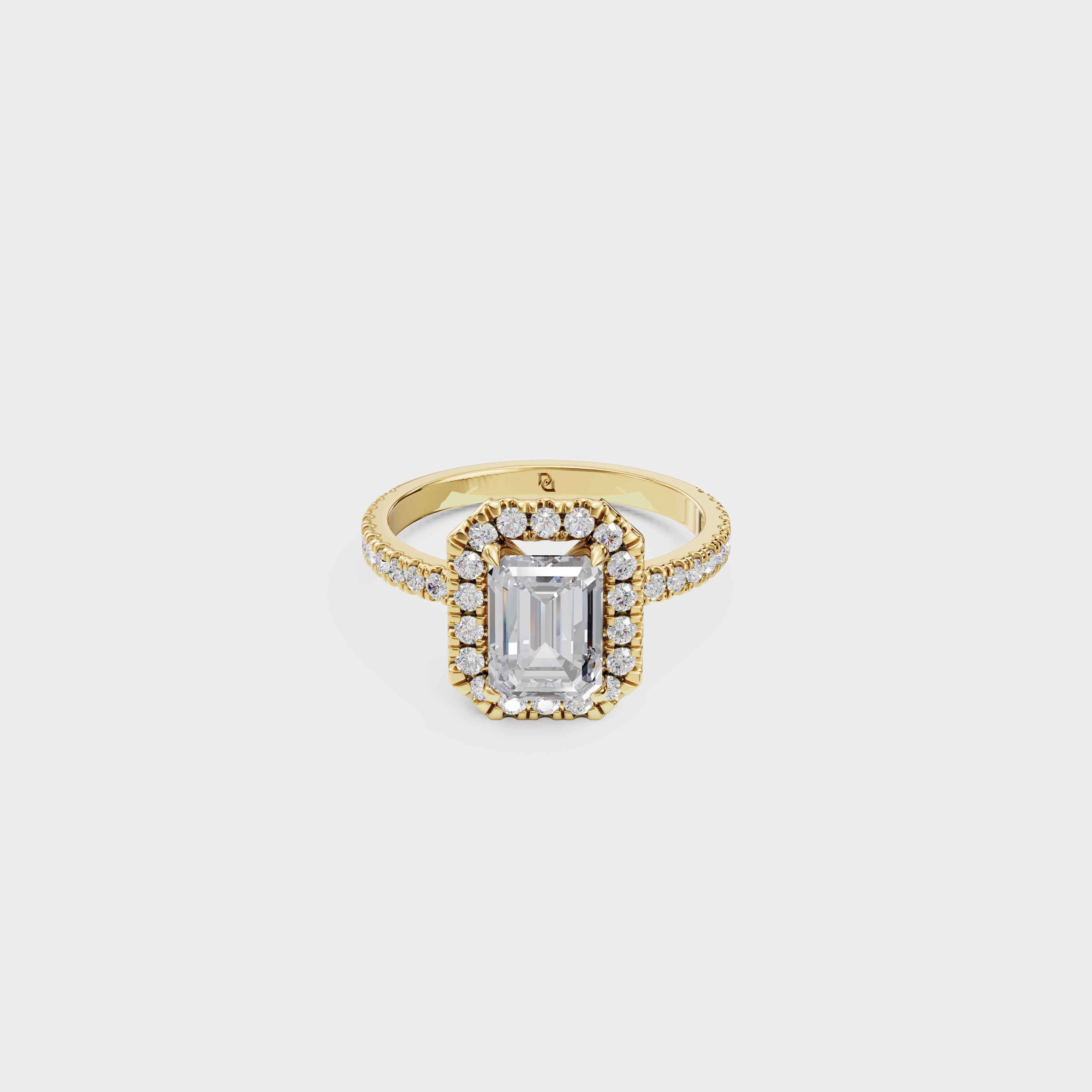 Emerald Cut Diamond Halo Engagement Ring with Pave Band