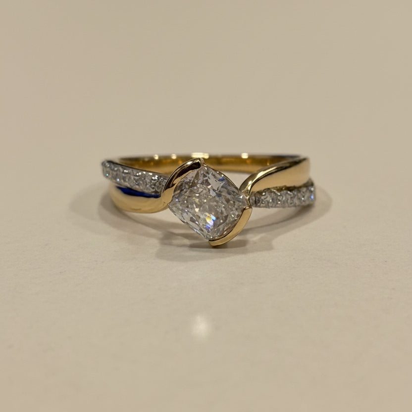 cushion cut diamond twisted shank ring