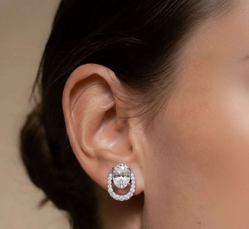 Oval & Pave Crescent Stud Earrings