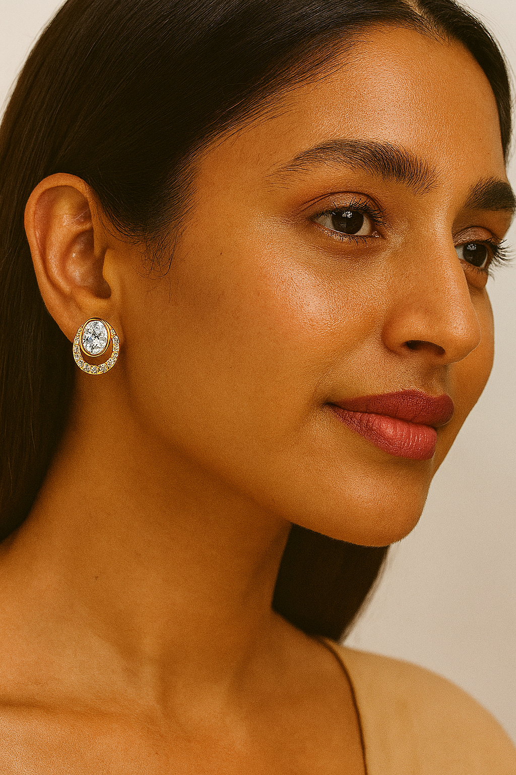 Oval & Pave Crescent Stud Earrings