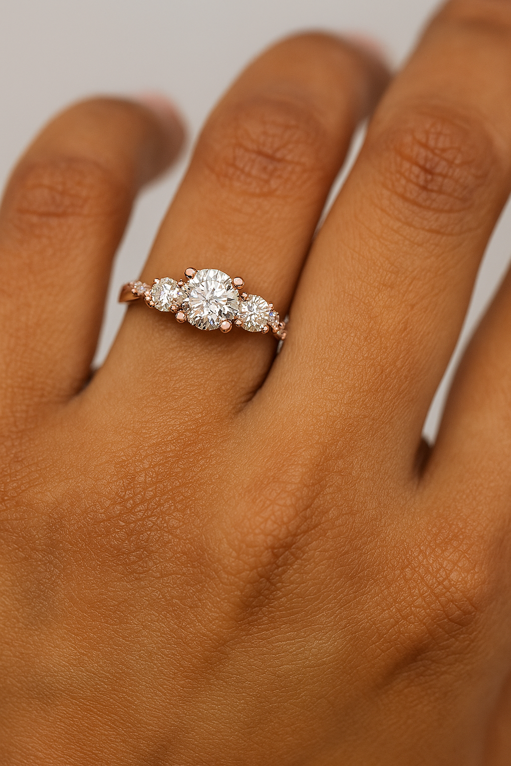 Modern Round Cut Diamond Three Stone Ring With Twisted Pave Shank