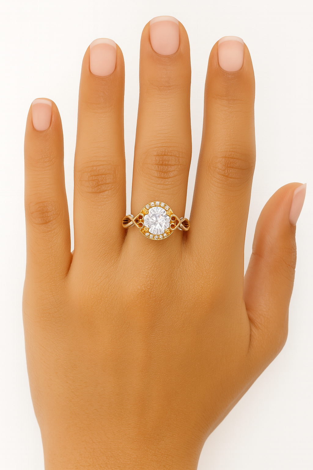 Round Cut Diamond Halo Ring With Intricate Scrollwork Band