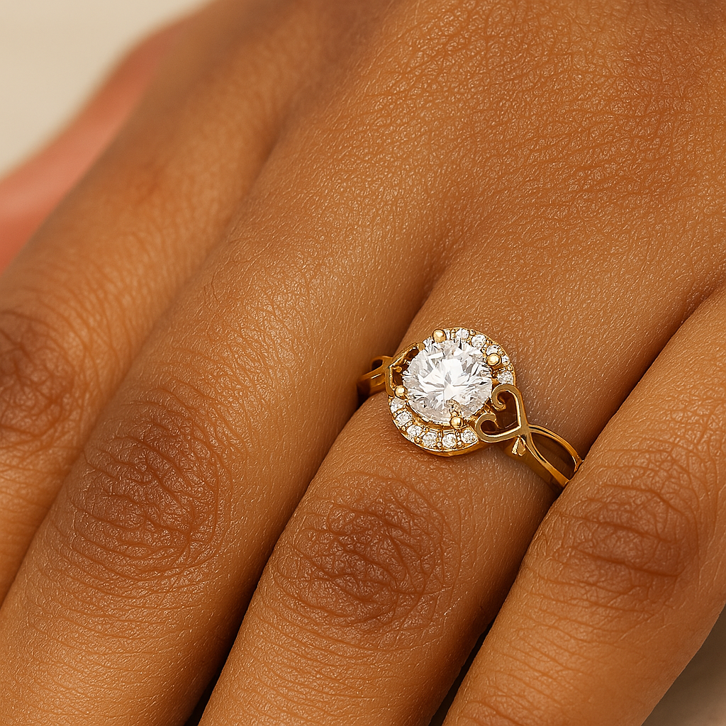 Round Cut Diamond Halo Ring With Intricate Scrollwork Band