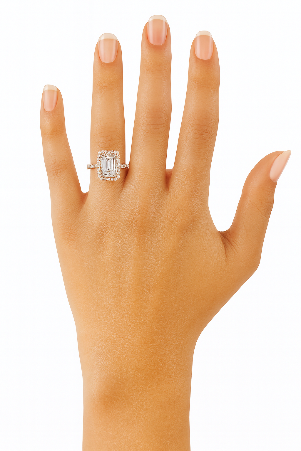 Emerald Cut Diamond Halo Engagement Ring with Pave Band